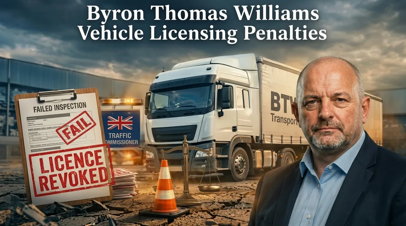 Byron Thomas Williams Vehicle Licensing Penalties case study with Traffic Commissioner Licence Revoked stamp and Failed Inspection report.
